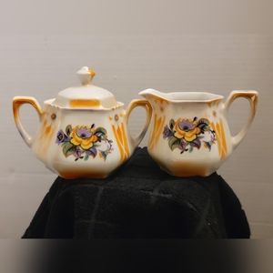 Antique German Orange Lusterware Creamer & Sugar Set Hand Painted Flowers 1920s